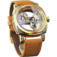 FORSINING Men's Luxury Square Carving Mechanical Watch Retro Totem Double Sided Hollow Skeleton Self-Winding Automatic Watches Vintage Leather Strap Wrist Watch