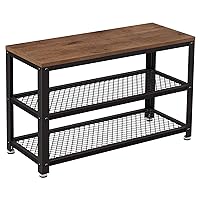 VASAGLE 3-Tier Shoe Rack, 11.8 x 28.7 x 17.7 Inches, Hazelnut Brown and Black, Metal Mesh Shelves and Seat, Free Standing Shoe Organizer for Entryway