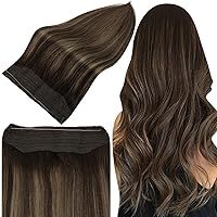 Full Shine Fish Line Human Hair Extensions 80 Grams Layered Hairpiece Invisible Straight Wire Hair Extensions Remy Hair 2 Clips in Headband Dark Brown to Light Brown 18 Inch