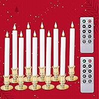 Flameless Taper Candles with Remote Timer-LED Battery Operated Flickering Window Candle Lights with Removable Gold Candle Holders Best Gift for Xmas Wedding Home Dinner Decor Set of 10