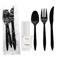 Party Essentials Individually Wrapped Plastic Cutlery Packets/Silverware Kits, Black Fork/Spoon/Knife/Napkin/Salt/Pepper, 100 Sets
