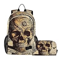 ALAZA Skull on Floral Background Backpack and Lunch Bag Set Back Pack Bookbag Cooler Case Kits
