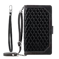 Wallet Case Compatible with Motorola Moto G54 Power, Lattice Pattern PU Leather Zipper Pocket Magnetic 7 Card Slots with Crossbody Lanyard (Black)