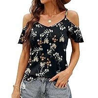 Blingfit Women Summer Cold Shoulder Tops Loose V Neck Short Sleeve Blouses Sexy Casual Ruffle Sleeves Tunic Shirts S-XXL