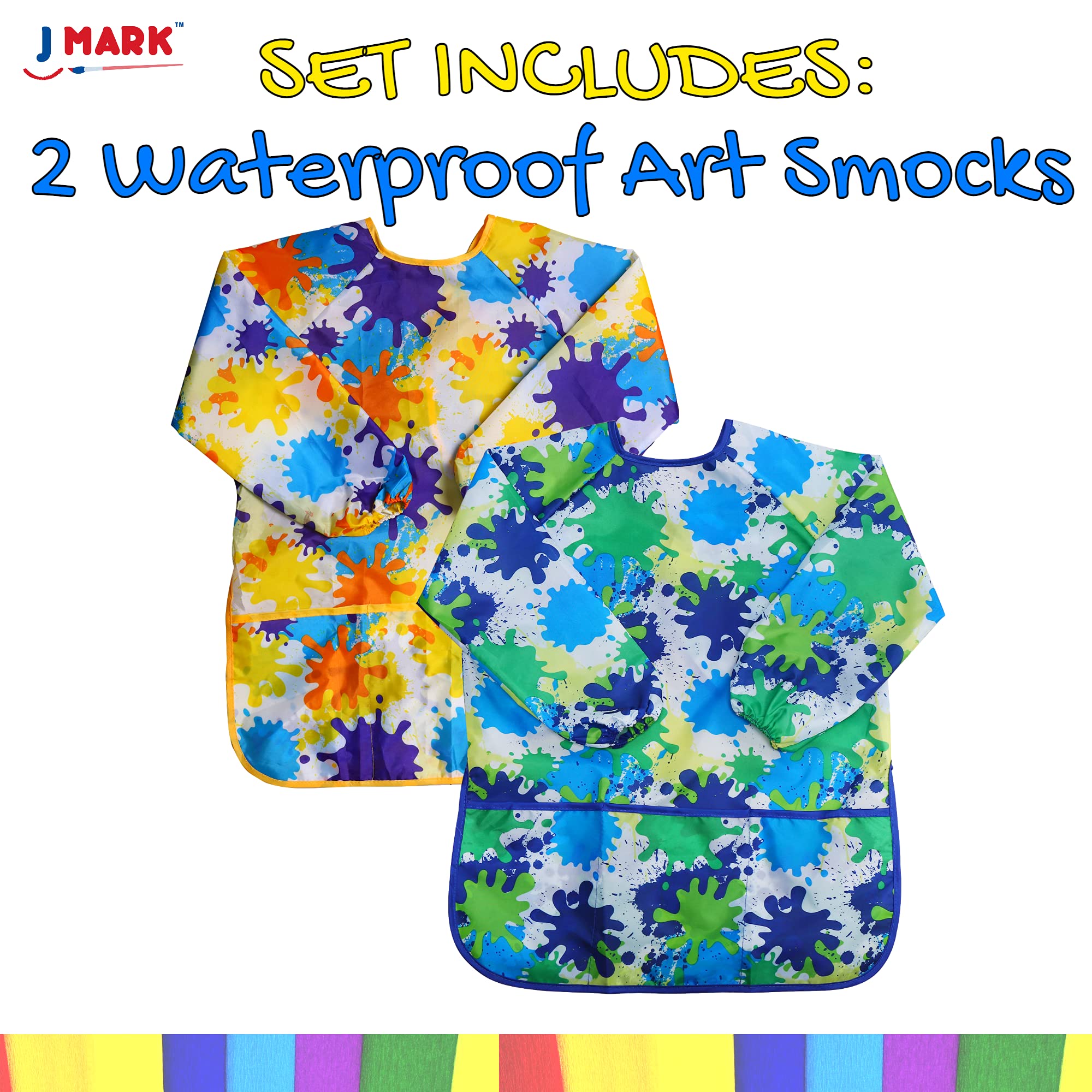 J MARK Waterproof Kids Art Smock Painting Apron 2 Pack Long Sleeve and 2 Pockets for Baking, Eating, Arts & Crafts