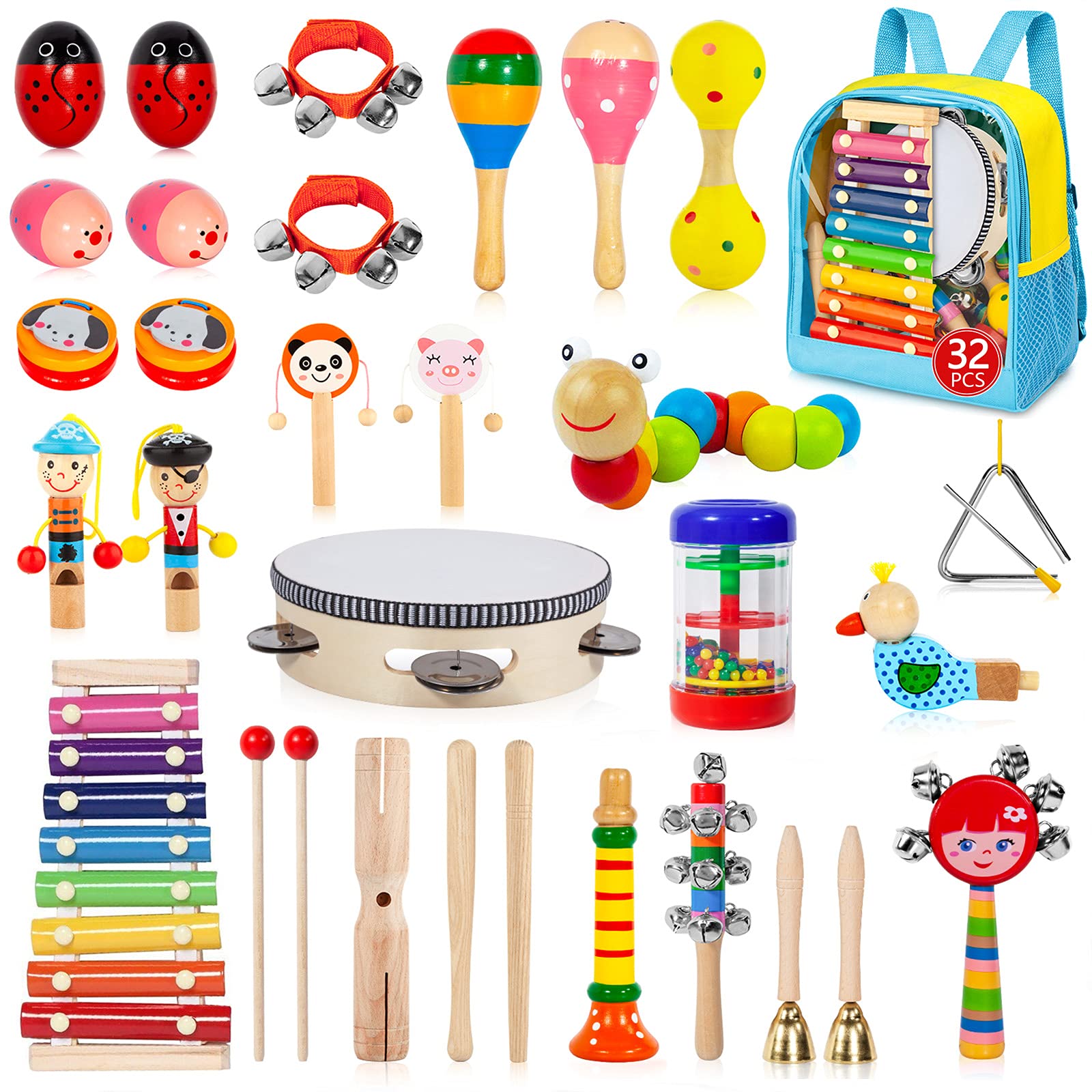 Gouezcc Toddler Musical Instruments Set, 32 PCS 19 Kinds Wooden Percussion Instruments Toys for Kids Playing Preschool Education, Early Learning Baby Musical Toys for Boys and Girls Gift