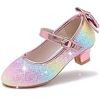 Dufannie Girls Dress Shoes Low Heel Princess Flats Mary Jane Flower Wedding Party Glitter Shoes for Kids Toddler