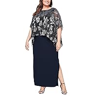 S.L. Fashions Women's Plus Size Long Shimmer Foil Printed Chiffon Overlay Wedding Guest Capelet Gown, Formal Dress w/Attached Cape, Navy Floral
