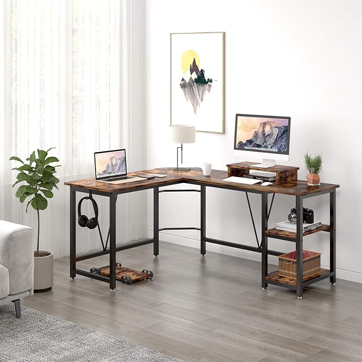 L-shaped Corner Desk with 2-Layer Storage,Large PC Laptop Table with Monitor Stand and CPU Stand,Gaming Writing Desk for Home Office TREETALK Computer desk Walnut 