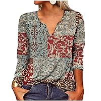 Womens Long Sleeve Fashion Tunic Tops Vintage Floral Print V Neck Tee Shirts Causal Loose Comfy Pullover Sweatshirts