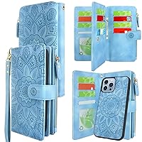 Harryshell Compatible with iPhone 13 Pro Max 6.7 inch 5G 2021 Wallet Case Detachable Magnetic Cover Zipper Cash Pocket Multi Card Slots Holder Wrist Strap Lanyard Floral Flower (Sky Blue)