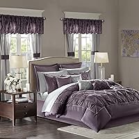 Cal King Comforter Set, 24 Piece Bedding With Matching Curtains, Decorative Pillows, Luxe Diamond Tufting , Room in a Bag Joella Collection, Plum Cal King