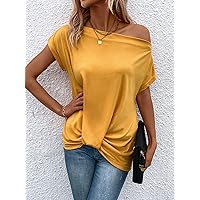 Women's T-Shirt Twist Hem Asymmetrical Neck Tee T-Shirt for Women (Color : Yellow, Size : X-Large)