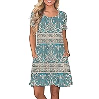 WNEEDU Women's Summer Casual T Shirt Dresses Short Sleeve Swing Dress with Pockets