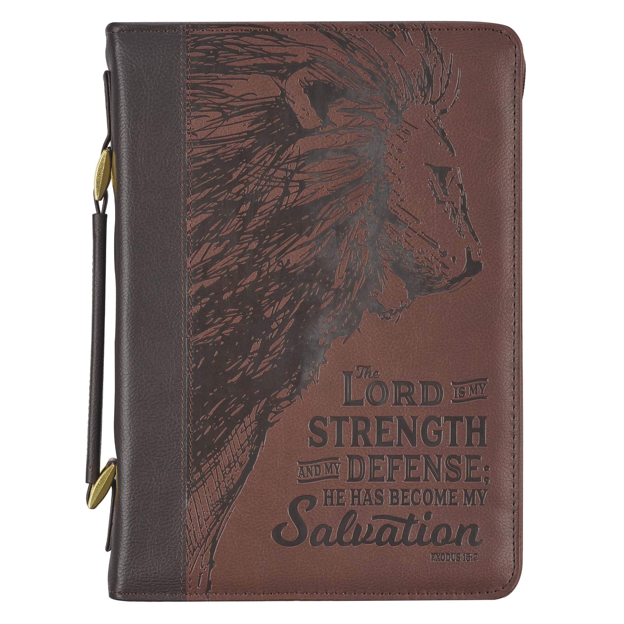 Christian Art Gifts Men's Classic Bible Cover The Lord is My Strength Lion Exodus 15:2, Brown Faux Leather, Large