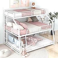 Triple Bunk Bed, Twin XL-Over-Full-Over-Queen Metal Bed Frame with Two Built-in Dual Ladders and Full-Length Guardrails, Space-Saving Sleep Haven for Kids, Teens, Adults, White