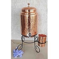 Indian Art Villa Handcrafted Pure Copper Hammered Design Water Pot Dispensers with Glass & Stand, Storage & Serving Water, leak proof lid & tap Volume- 169 Oz