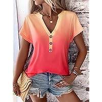 Women's Tops Women's Shirts Sexy Tops for Women Ombre Button Detail Batwing Sleeve Tee (Color : Pink, Size : X-Large)