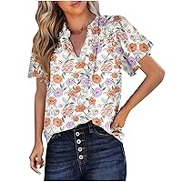 Womens V Neck Ruffle Short Sleeve Shirts Floral Print Boho T-Shirts Fashion Summer Outfits 2024 Vacation Casual Tunic