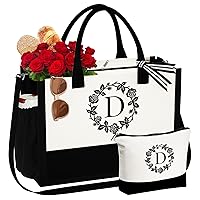 Personalized Initial Canvas Tote Bag Gifts for Women, Gifts for Women Mom Birthday Beach Bag with Makeup Bag Pockets Friends Teacher Grandma Wedding Birthday Gifts Bridesmaid Bags D