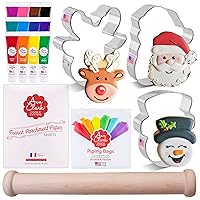 Faces of Christmas 3 Piece Cookie Cutter Set, 12-Pack of Food Coloring Gel, Rolling Pin, Piping Bags, and Parchment Paper Made in USA by Ann Clark Virtual Bundle
