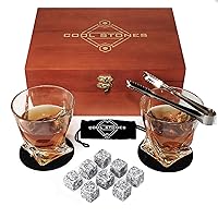 Whiskey Glass Gift Set - 2 Whiskey Glasses and Whiskey Stones with Tongs in Velvet Bag All Presented in an Elegant Wooden Box for Men (Classic-Wood-White-Rocks)