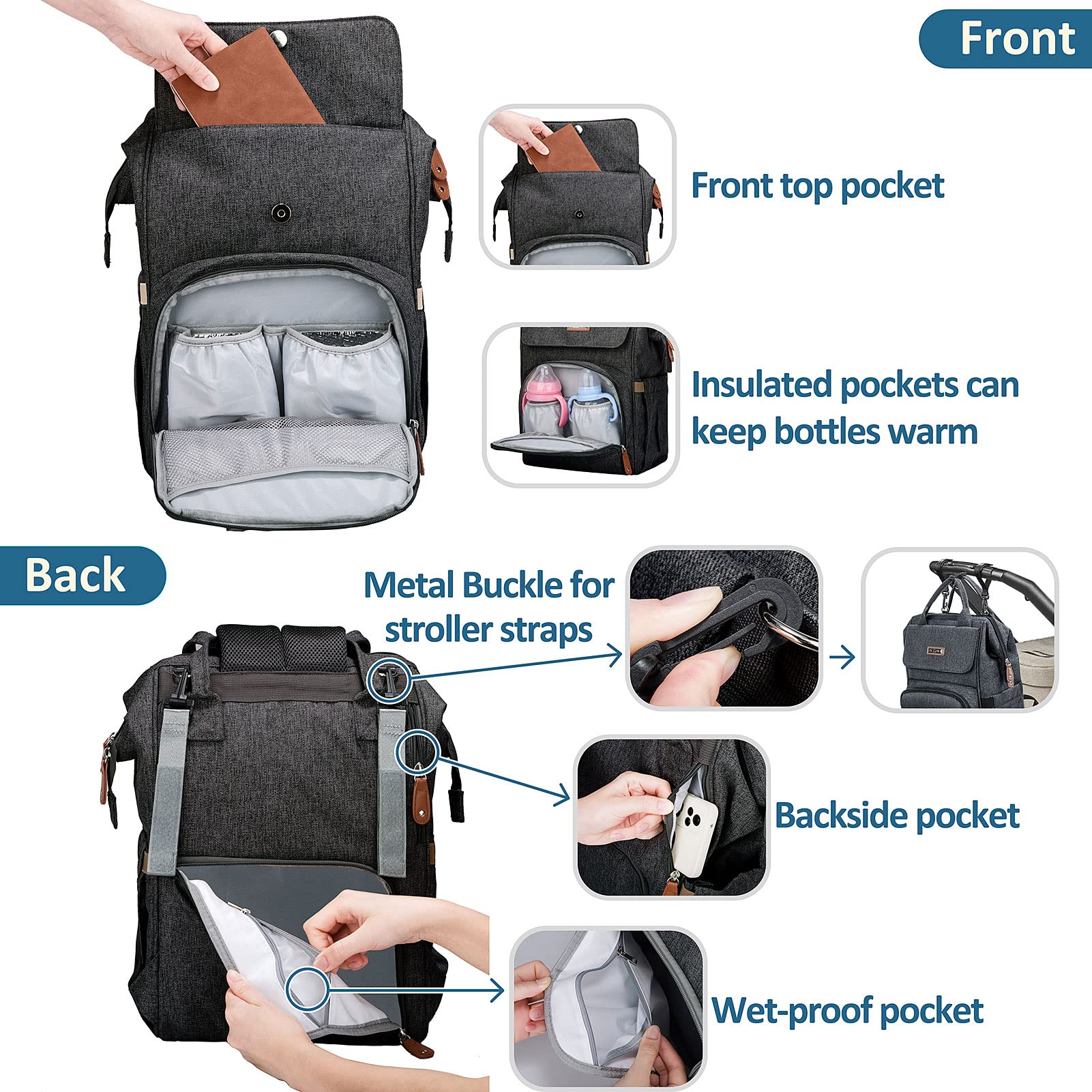 Diaper Bag Backpack, MCGMITT Nappy Bag, Baby Diaper Bag for Mom&Dad, Waterproof Diaper Bag with USB Charging Port, Stroller Straps, Diaper Changing Pad, Black