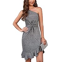 KOJOOIN Women One Shoulder Glitter Evening Club Cocktail Party Christmas Dresses Fishtail Ruffle Bodycon Midi Dress