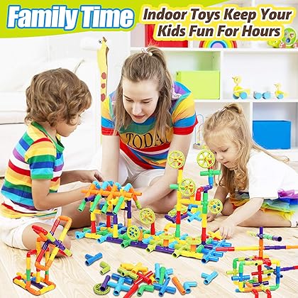 250 Pieces STEM Building Blocks, Pipe Tube Sensory Toys, Creative Tube Locks Construction Set with Wheels, with Storage Box, Preschool Educational Learning Toys, Present Gift for Boys Girls Aged 3+