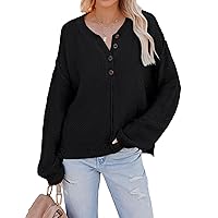 Women’s Oversized Button V Neck Henley Top Casual Sweater Knit Jumper