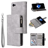 UEEBAI Wallet Case for iPhone SE 2022 5G/iPhone 7/iPhone 8/iPhone SE 2020, Premium PU Leather Magnetic Closure Handbag Zipper Pocket Case Card Slots Wrist Strap Flip Case for iPhone SE3/SE2 - Grey