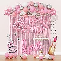 Amandir Pink Birthday Decorations for Women Girls, Pink Silver Balloon Crown Happy Birthday Banner Foil Balloons Fringe Curtains Glitter Silver Star Garland for Girl Women Birthday Pink Party Supplies