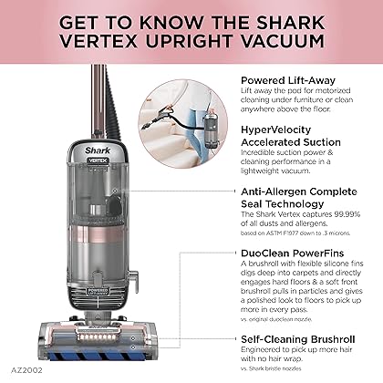 Shark AZ2002 Vertex Powered Lift-Away Upright Vacuum with DuoClean PowerFins, Self-Cleaning Brushroll, Large Dust Cup, Pet Crevice Tool, Dusting Brush & Power Brush, Silver/Rose Gold