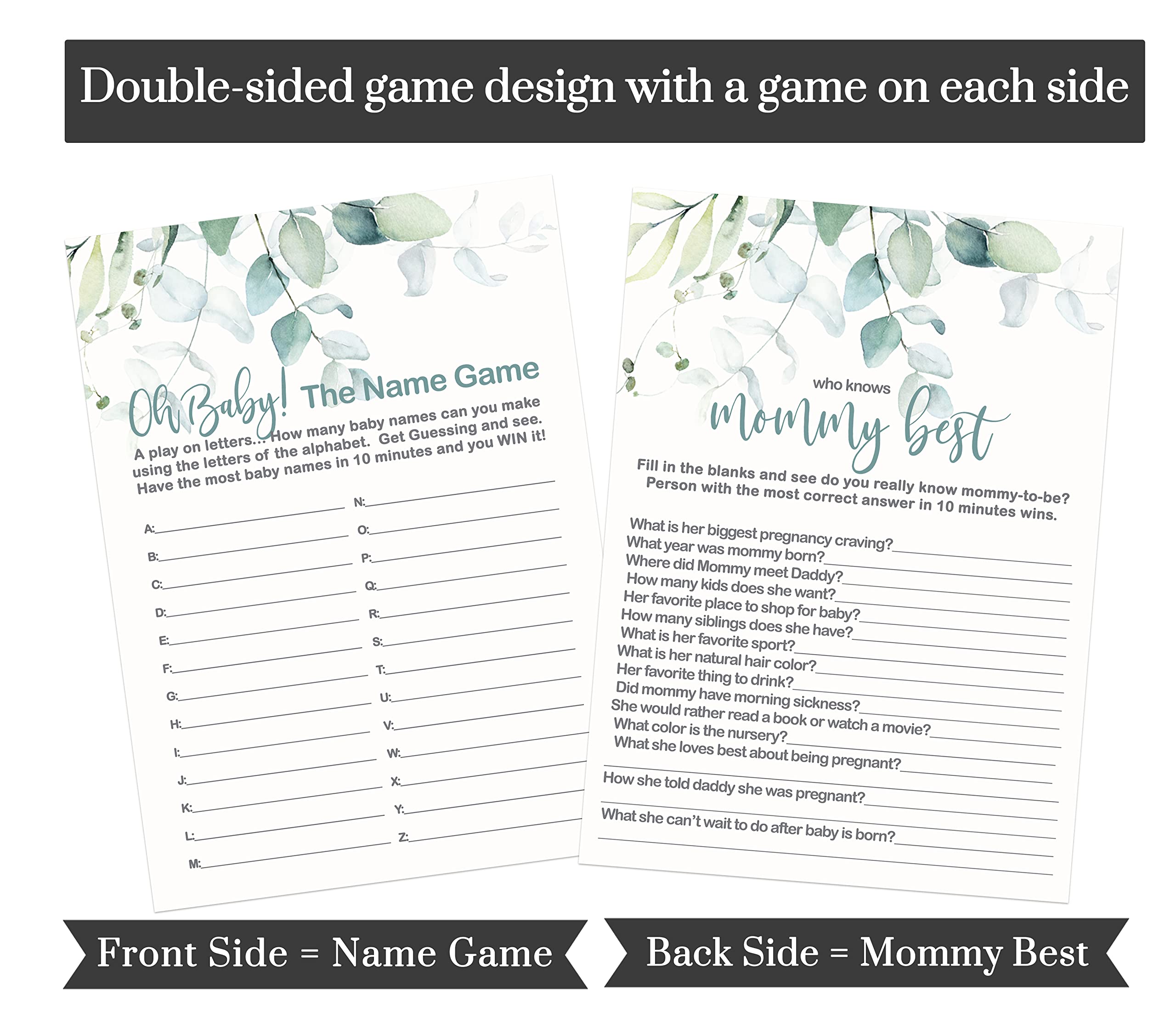 Greenery Baby Shower Games for Girls (25 Guests) 4-in-1 Double-Sided Guess the Price Right, Who Knows Mommy Best, Word Scramble, Alphabet Name Activity Cards Rustic Eucalyptus Bundle Pack