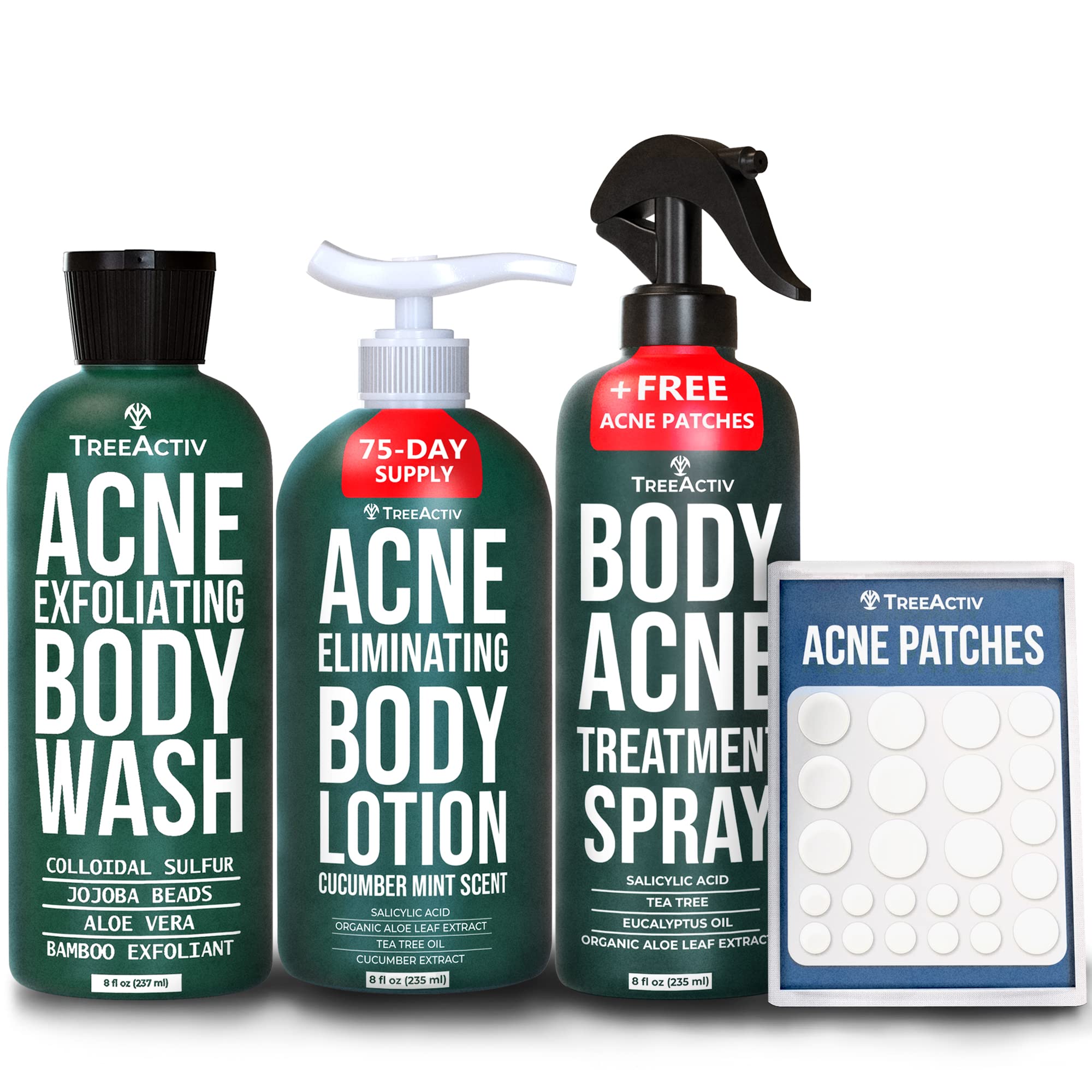 TreeActiv Acne Exfoliating Body Wash & Acne Eliminating Body Lotion - Cucumber Mint Scent & Body Acne Treatment Spray