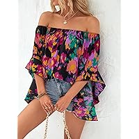 Women's Tops Sexy Tops for Women Women's Shirts Allover Print Off Shoulder Flounce Sleeve Blouse (Color : Black, Size : Medium)