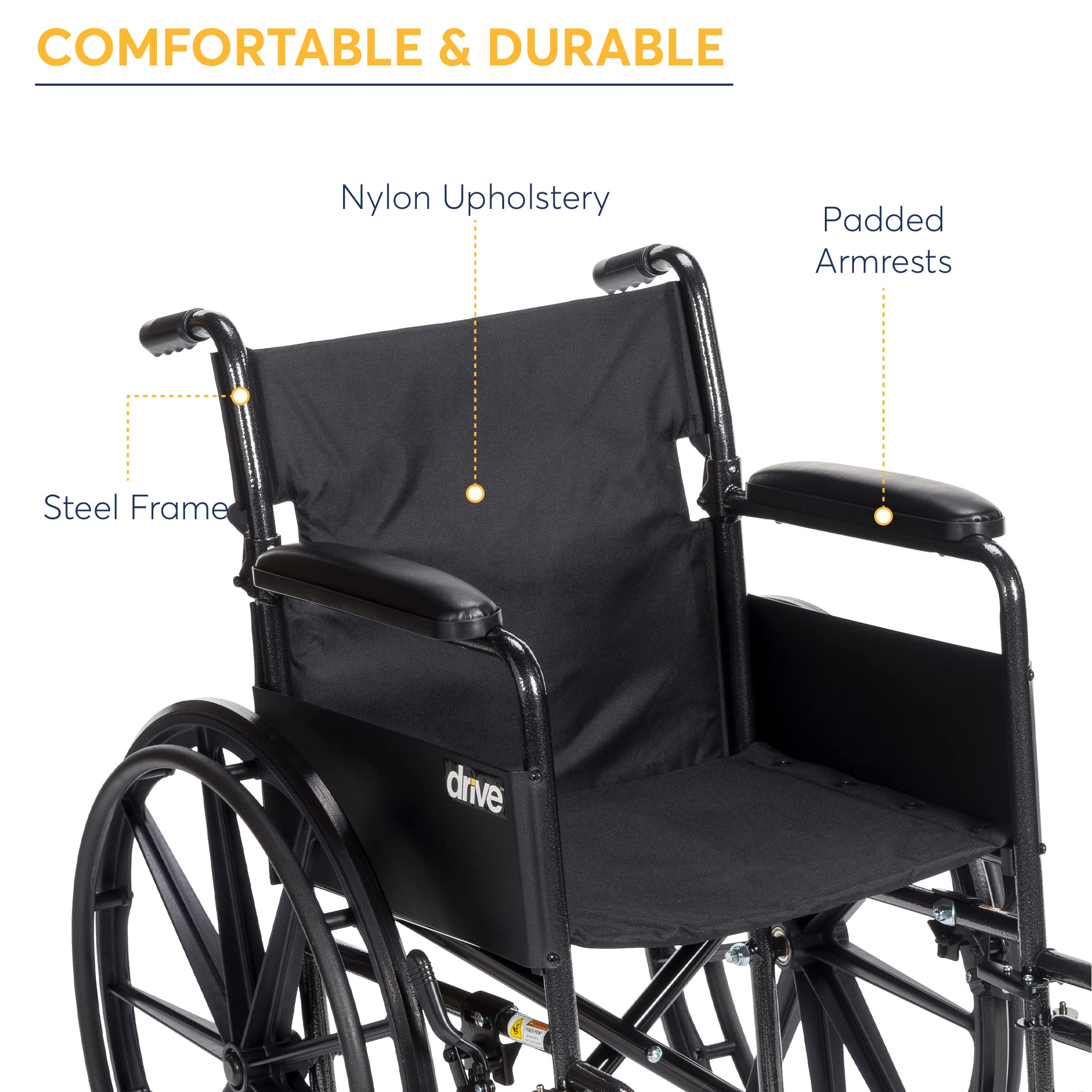 Drive Medical SSP118FA-SF Silver Sport 1 Folding Transport Wheelchair with Full Arms and Removable Swing-Away Footrest & 11148-1 Folding Steel Bedside Commode Chair