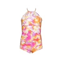 Hobie Girls' Strappy High Neck Tankini Top & Shirred Boyshort Bottom Swimsuit Set