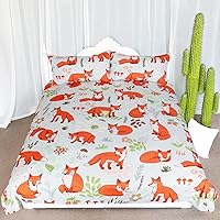 Woodland Fox Bedding Cartoon Forest Fruits Duvet Cover Romantic Orange Foxes Comforter Set Kids Nature Duvet Cover (King)