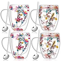 Rtteri 4 Pcs Double Wall Glass Coffee Mugs with Spoon Clear Flower Glass Cup with Handle 350 ml Creative Insulated Heat Resistant Coffee Cups for Tea Cappuccino Espresso Latte, 2 Styles