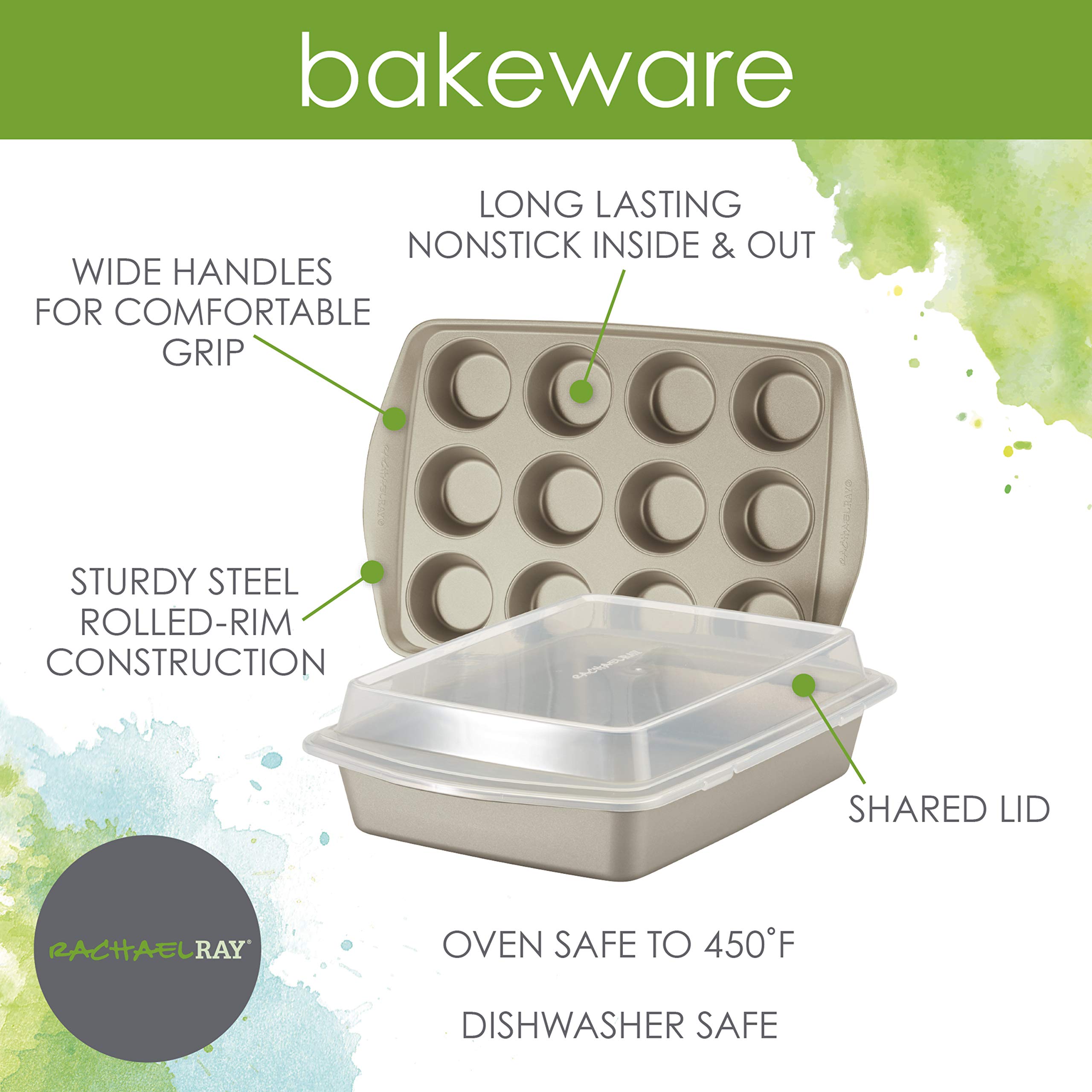 Rachael Ray Nonstick Bakeware Set without Grips includes Nonstick Baking Pan with Lid and Muffin Pan / Cupcake Pan - 3 Piece, Silver
