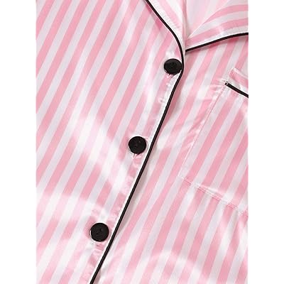 LYANER Women's Striped Silky Satin Pajamas Short Sleeve Top with