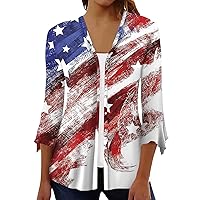 Cardigan Sweaters for Women 2024 Button Down V Neck Shirts 3/4 Length Sleeve Top Loose Fit 4th of July Printed Blouses