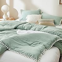 Bedsure Sage Green Queen Comforter Set - Pom Pom Comforter, Boho Bedding Comforter Set, 3 Pieces Vintage Shabby Chic Bed Set for All Seasons, Fluffy Soft Bedding Set with 2 Pillow Shams