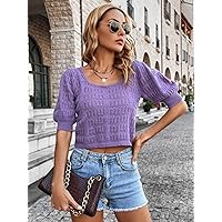 Women's Tops Sexy Tops for Women Women's Shirts Square Neck Puff Sleeve Knit Top (Color : Violet Purple, Size : Medium)