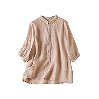 Women's Cotton Linen 3/4 Sleeves Button Down Tunic Tops Embroidery Blouse