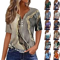 Summer Tops for Women 2024 Button Down Shirts Trendy V Neck Floral Short Sleeve Shirts Casual Loose Comfy Tunic Clothes