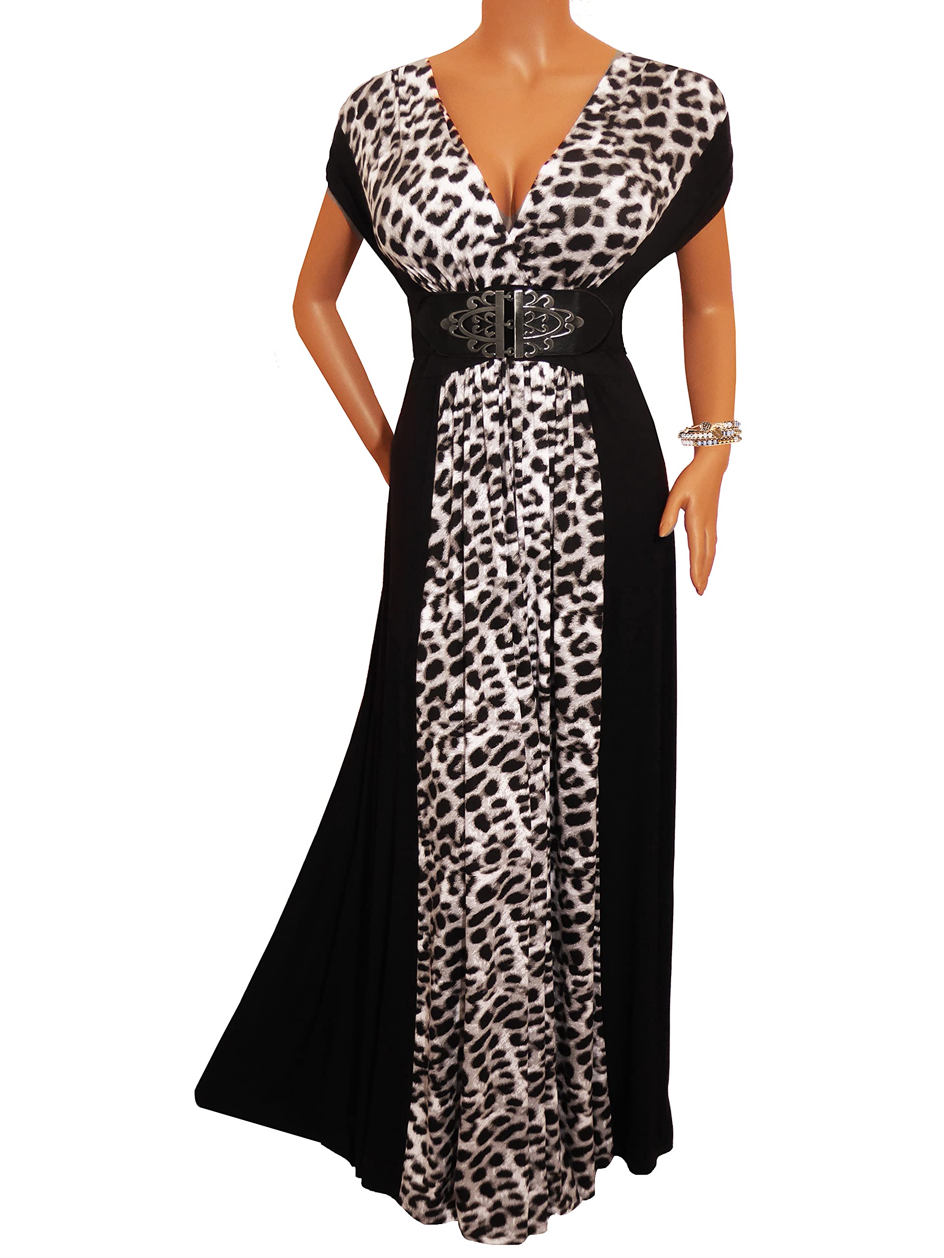 Funfash Plus Size Women Black Dress Leopard Print Long Cocktail Maxi Dress, Renaissance Dress with Belt Included, Black and White Dress for Women 1X