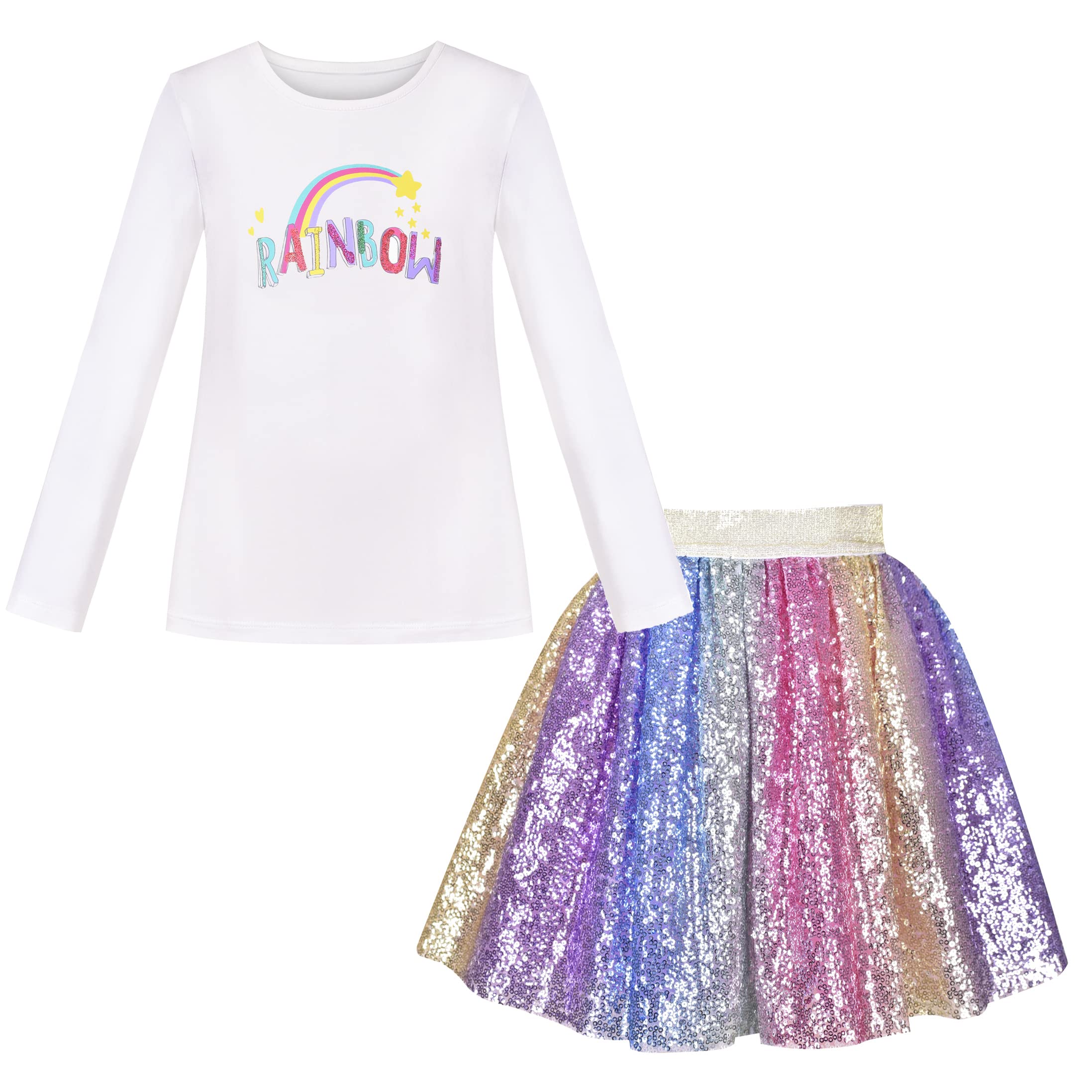 Sunny Fashion Girls White Long Sleeve T-Shirt Top Rainbow Sequins Skirt 2PCS Sets
