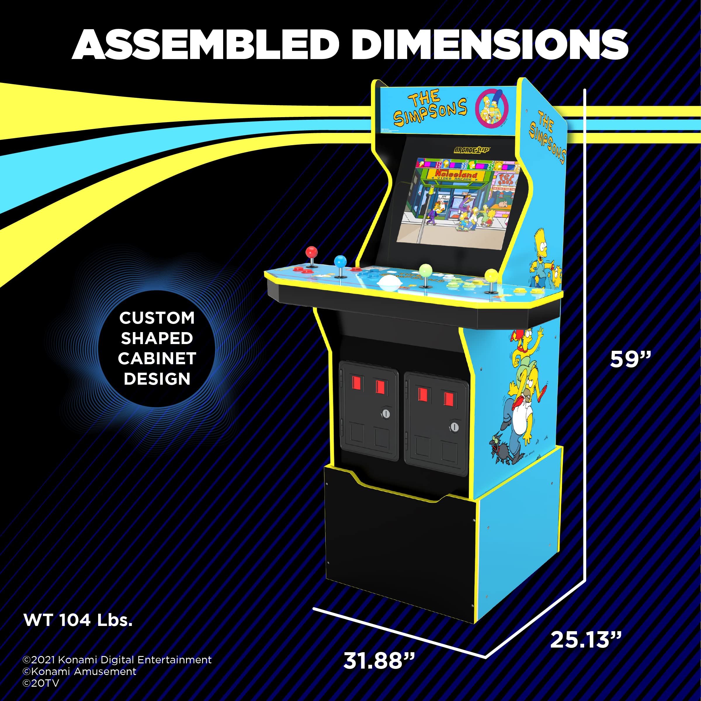 Arcade1Up The Simpsons Arcade Machine, 4-Foot — 4 Player Arcade Game Machine for Home, Live WiFi Enabled — Includes Custom Arcade Game Riser, Adjustable Stool, Light-Up Marquee, and Tin Wall Sign